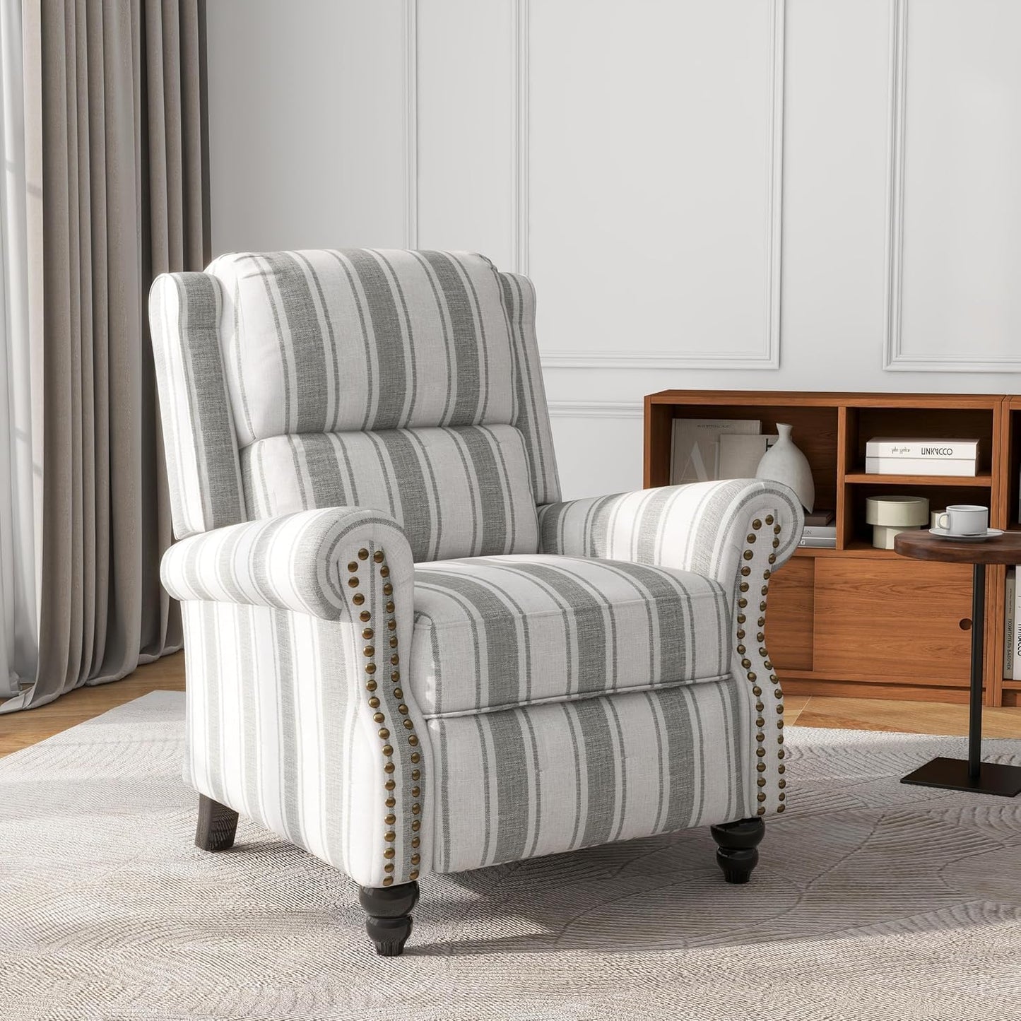 UIXE Pushback Recliner Chair Push Back Accent Chair, Fabric Overstuffed Armchair for Living Room, Rivet Trim Club Chair Home Theater Single Sofa Bedroom Reading Seat - Stripe Gray