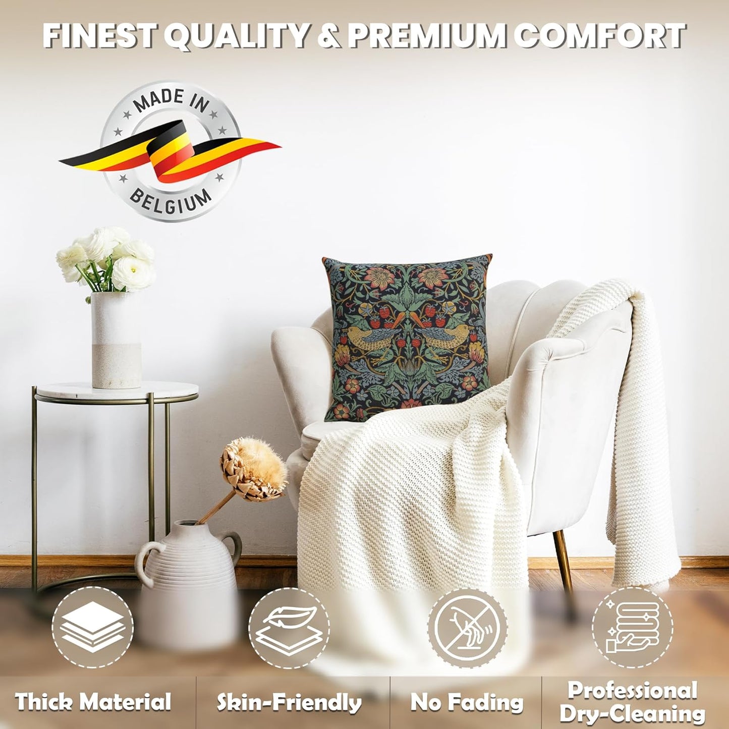 Charlotte Home Furnishings Throw Pillow Covers, Decorative Boho Pillow Covers for Couch, Living Room, Blue Strawberry Square Cushion Cases 18x18 in, European Cotton Jacquard Woven, Cozy Bedroom Decor