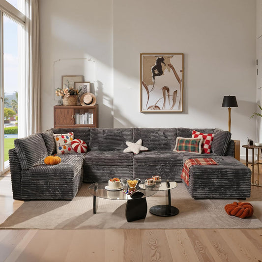 ovios Sectional Sofa Couch with U-Shape Chaise Sofa Bed, Comfy Modular Cloud Couches with Deep Seat, Modern Upholstered Plush Corduroy Sofas Set for Living Room, 6-Seater, Grey