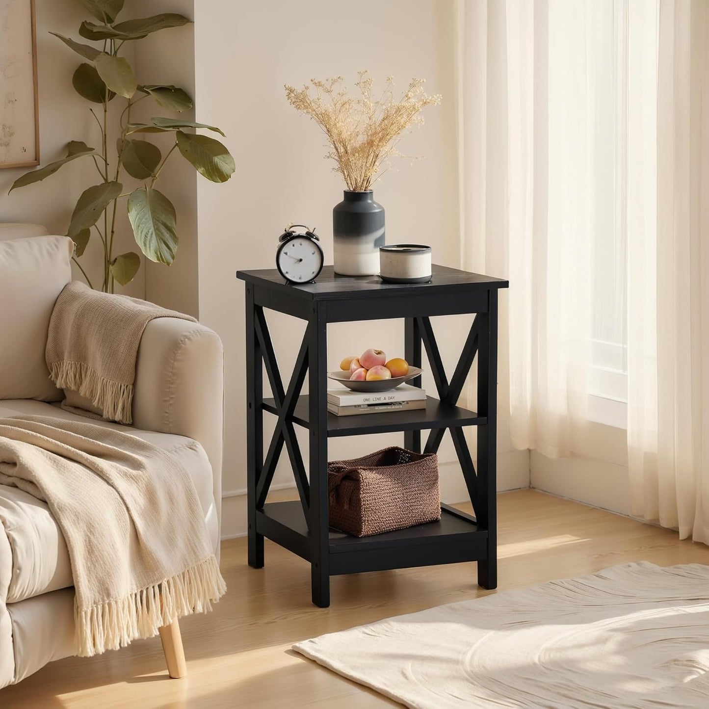 ALPHA HOME Side Tables Farmhouse End Table Set of 2, Small Bedside Tables 3-Tier Storage Shelf for Small Spaces, Couch End Tables, End Table for Living Room, Bed Room, Black