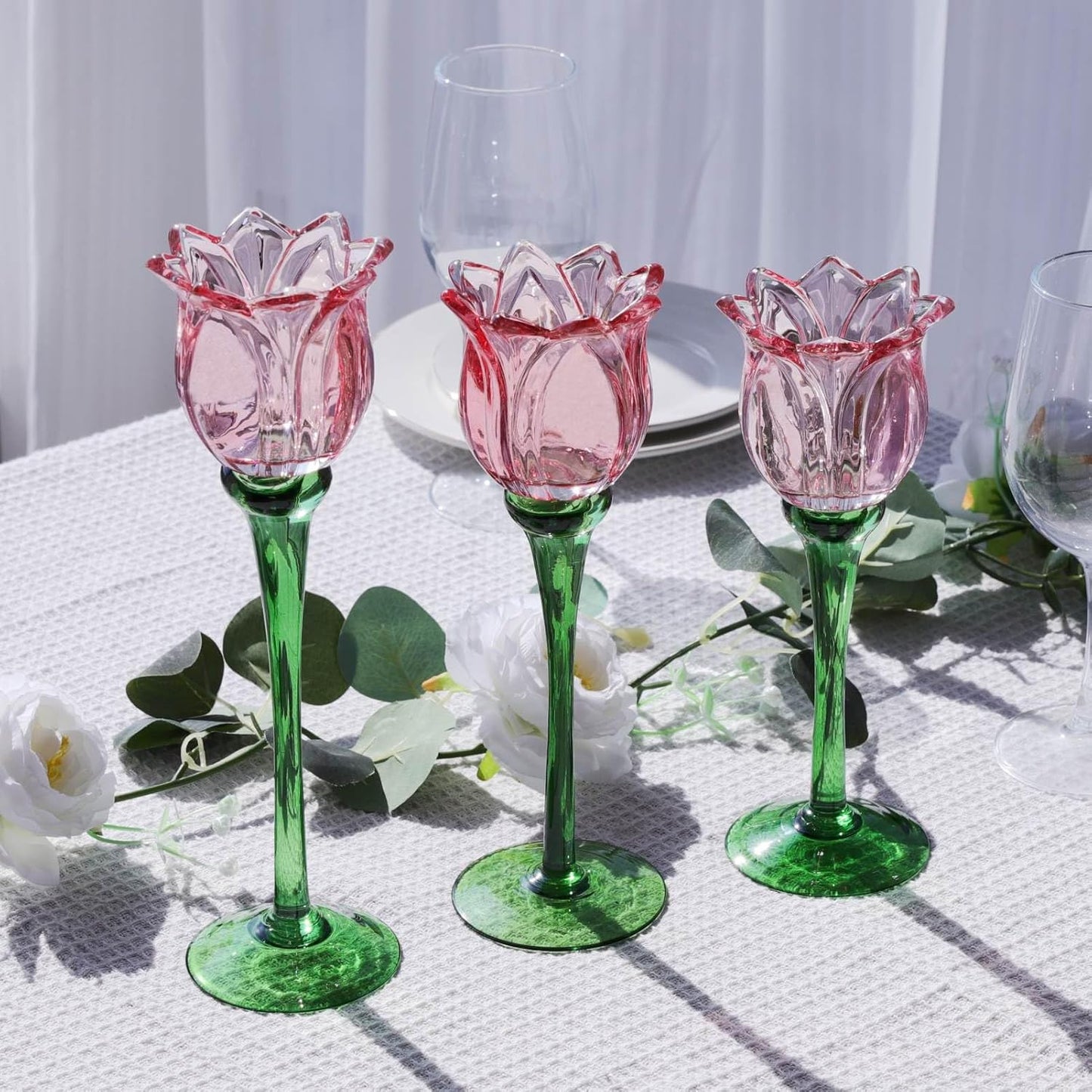 VOHO Pink Tulips Candle Holder, Romantic Pink Flower Votive Candle Holders for Wedding Bridal Shower Decorations, Tall Tealight Candle Holder Decor for Centerpiece Table(Set of3)