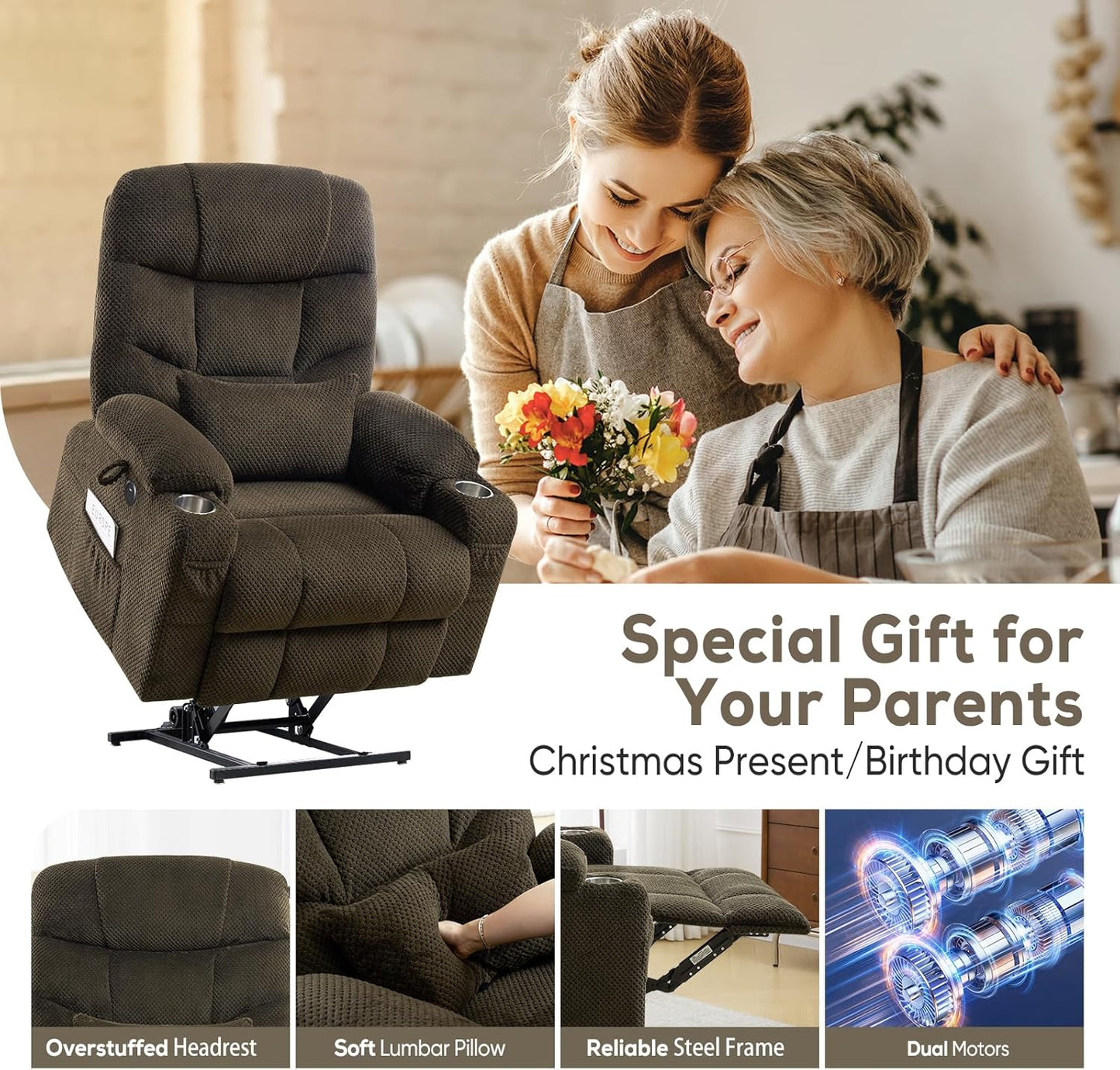 Oversized Dual Motor Lay Flat Power Lift Recliner Chair with Massage, Heating, Lumbar Pillow, USB & Type-C Ports, Textile Lift Chairs Recliners, Large Recliner for Big & Elderly People - Brown