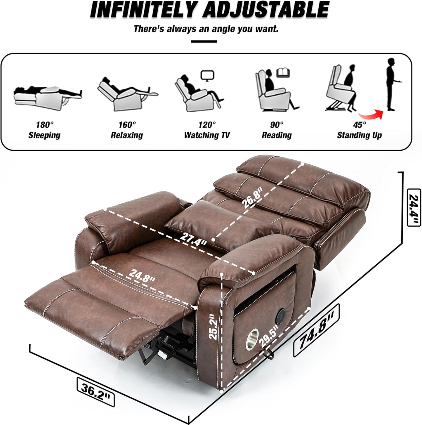 Lazy Boy Recliner Chair with Heating, Power Lift Recliner Chair for Elderly with Folding Tablet, Lay Flat Recliner with Dual Motor Adjustable Backrest and Leg Rests, Leather Brown1, RXX-028
