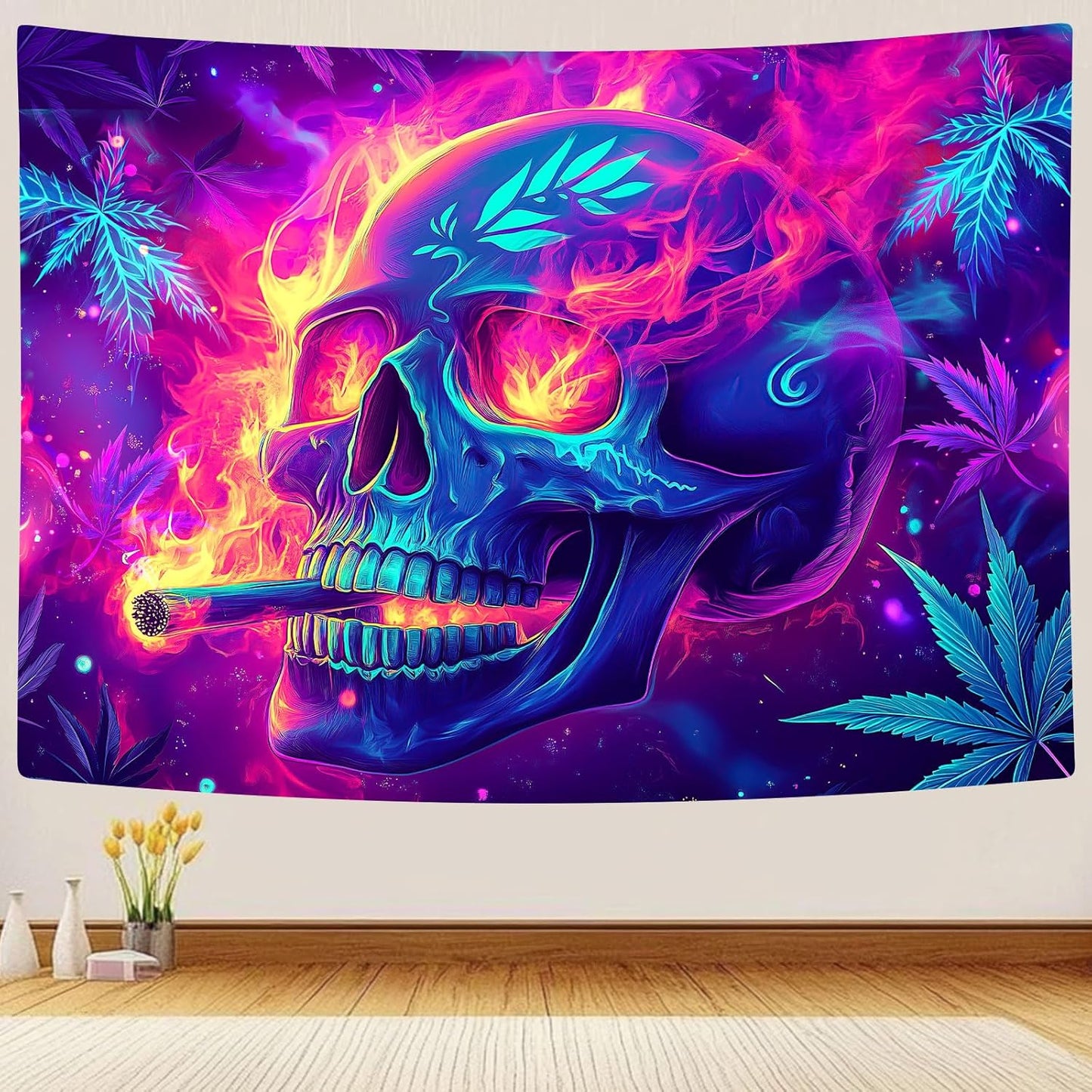 Blacklight Skeleton Tapestry, Glowing Skull UV Reactive Gothic Wall Hanging Tapestries, Glow in the Dark Grim Reaper Magic Horror Face Halloween Poster Tapestry for Bedroom Living Room Decor 70X60IN