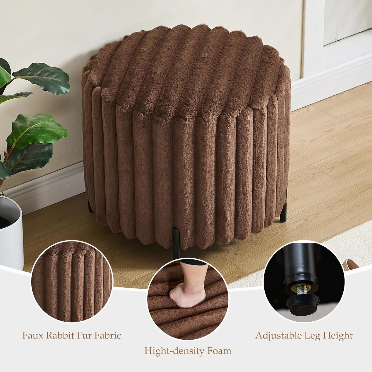 Furniliving Modern Round Ottoman, Large Size Bedroom Ottoman Footstool Round Ottomans Stool for Living Room, Bedroom, Makeup Room, Brown, Faux Fur