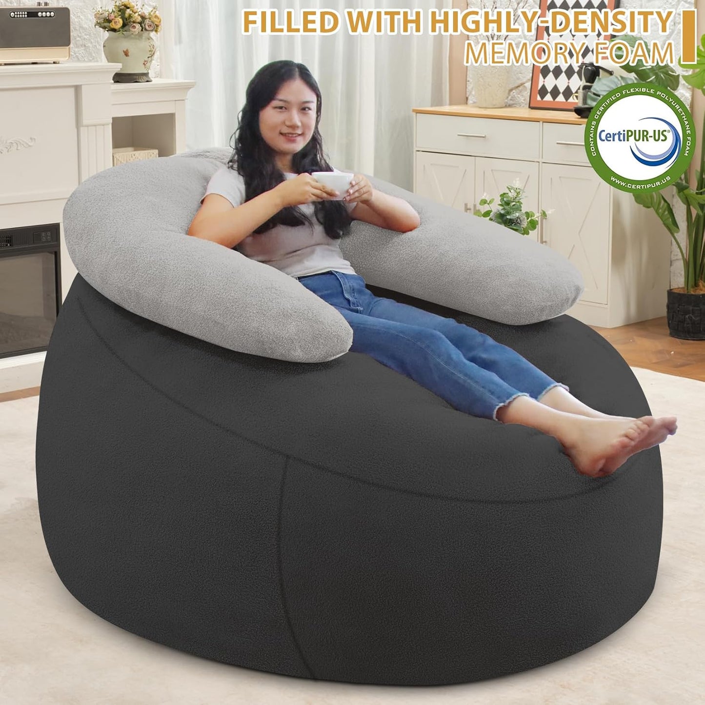 HABUTWAY Bean Bag Chair with U-Shaped Pillow for Adult and Kids Big BeanBag Chair with Filling Ultra Soft Teddy Fleece Couch Chair with Washable Cover for Living Room Bedroom, Dark Grey & Light Grey