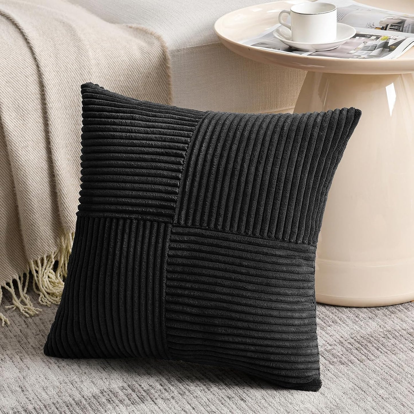 Fancy Homi 2 Packs Black Decorative Throw Pillow Covers 22x22 Inch for Living Room Couch Bed Sofa, Rustic Farmhouse Boho Home Decor, Soft Corss Corduroy Patchwork Accent Square Cushion Case 55x55 cm