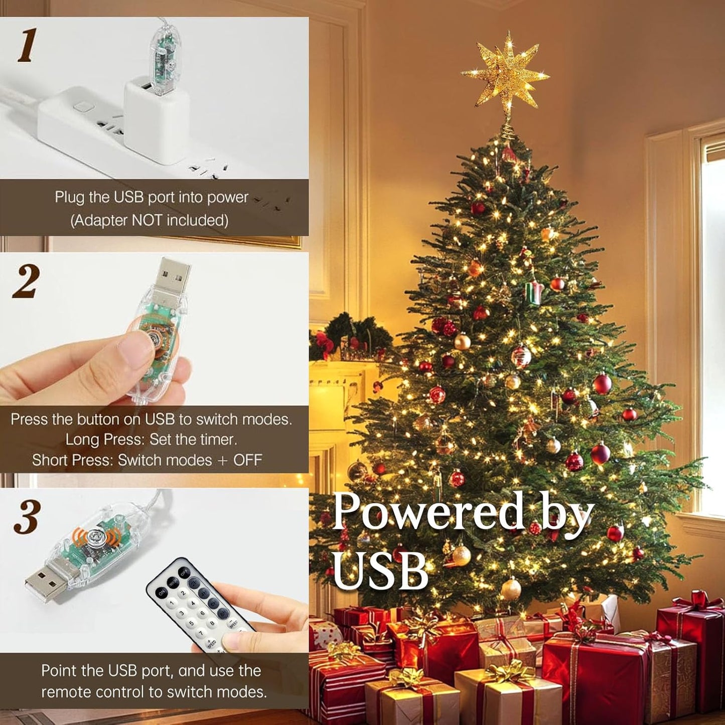 Christmas Star Tree Topper Gold, Tree Topper Star with Warm White 50 LED Light Beads for Home Holiday Xmas Tradition Moravian Decor, Timer Function 5m Cable