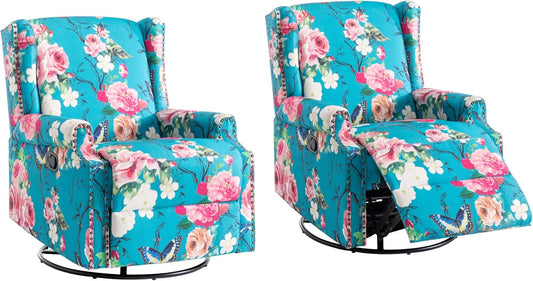UIXE Swivel Rocker Manual Recliner Chairs Set of 2, Wingback Swivel Glider Fabric Nursery Reclining Sofa Chair, High Back Upholstered Arm Chair for Living Room Bedroom - Peacock Blue