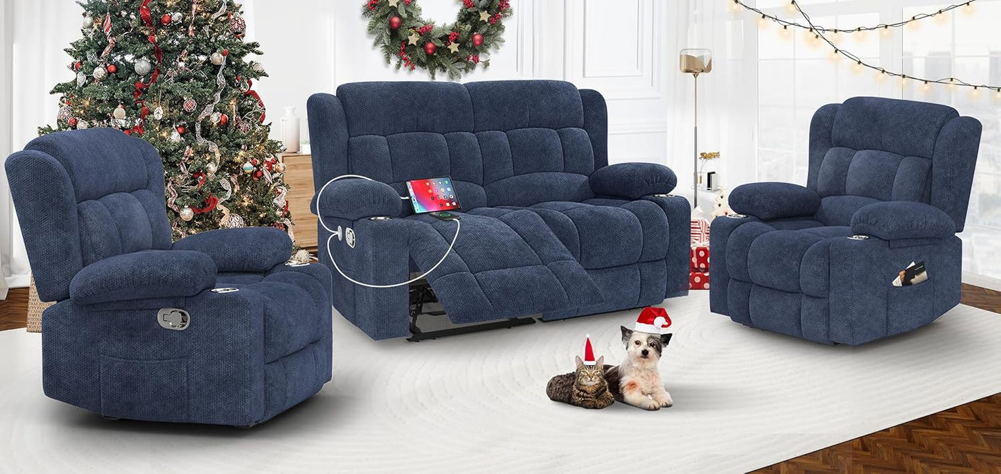 Loveseat Recliner Sofa Set with 2+1+1 Pieces, 2 Seater Minimalist Style Fabric Manual Pull Tab Reclining Loveseat with USB Charge Ports, Cup Holders, Recliner Couches for Living Room, RV, Blue