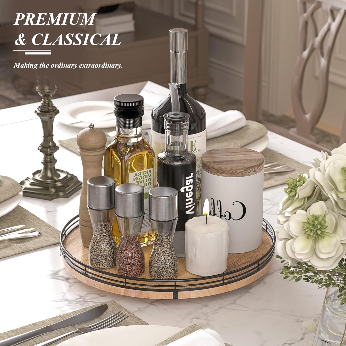 13" Lazy Susan Oak Wood Turntable Organizer for Cabinet, Farmhouse Round Wooden Lazy Susan Organization and Storage for Dining Table, Pantry, Kitchen, Bathroom, Countertop, Cupboard, Home Decor