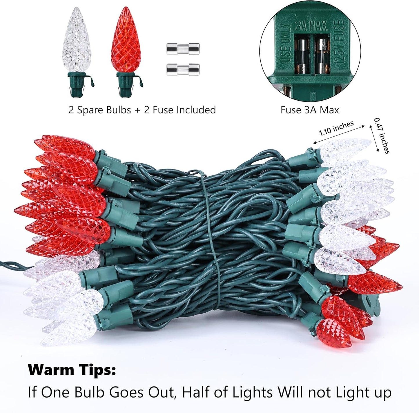 Brizled Red & White C5 Christmas Lights, 33ft 100 LED Christmas tree Lights, Connectable 120V UL Certified Faceted Christmas Lights Outdoor Indoor Xmas Lights for Christmas Tree Party Roof Decoration