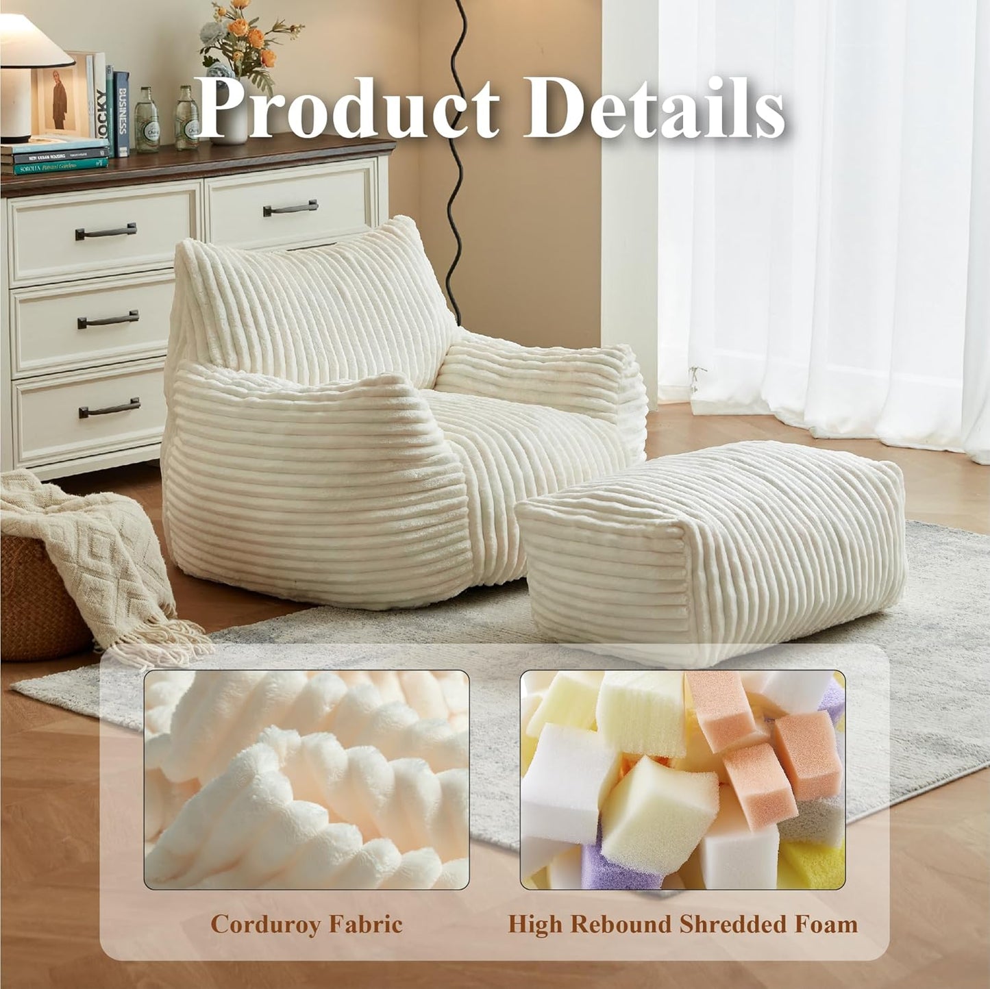 Premium Beige Bean Bag Chair for Adults with Armrest- Ultra Plush Memory Foam Lounge Sofa & Comfy Reading Nook Chair for Bedroom, Living Room & Dorm (White, with Footrest)