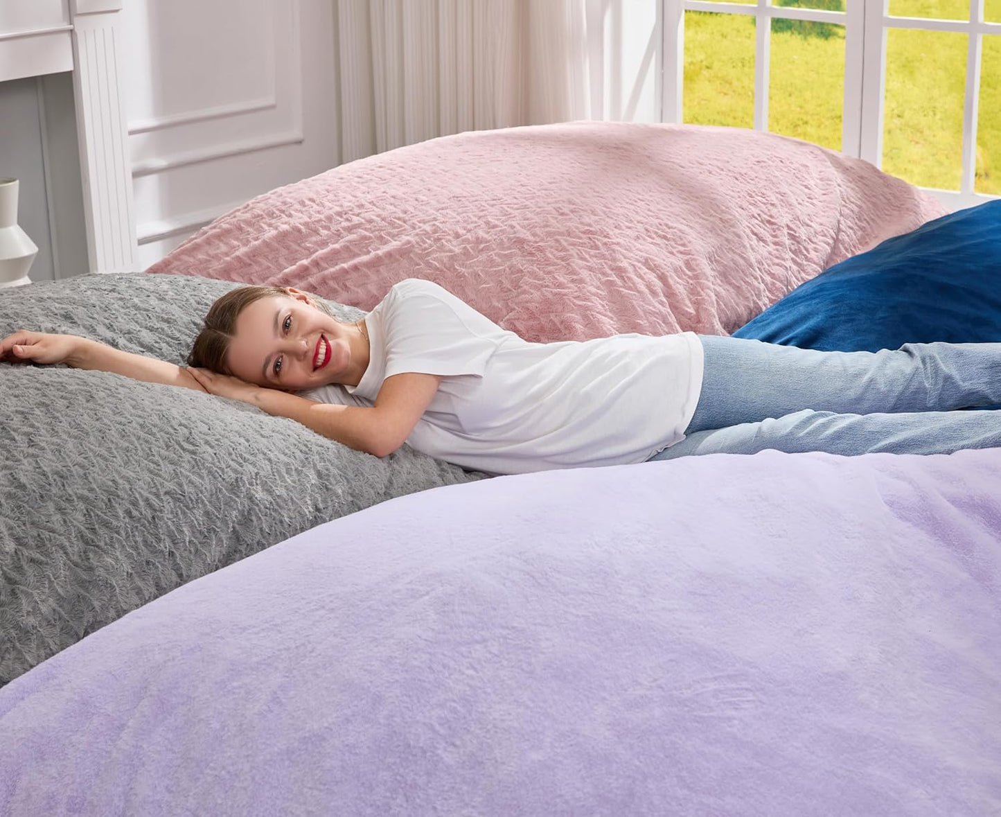 Hobestluk 3 in 1 Bean Bag Chair Giant Bean Bag Chairs for Adults with Chevron Plush Fur Cover Convertible Bean Bag Floor Cushion with Machine Washable Cover for Living Room (Plush Pink)