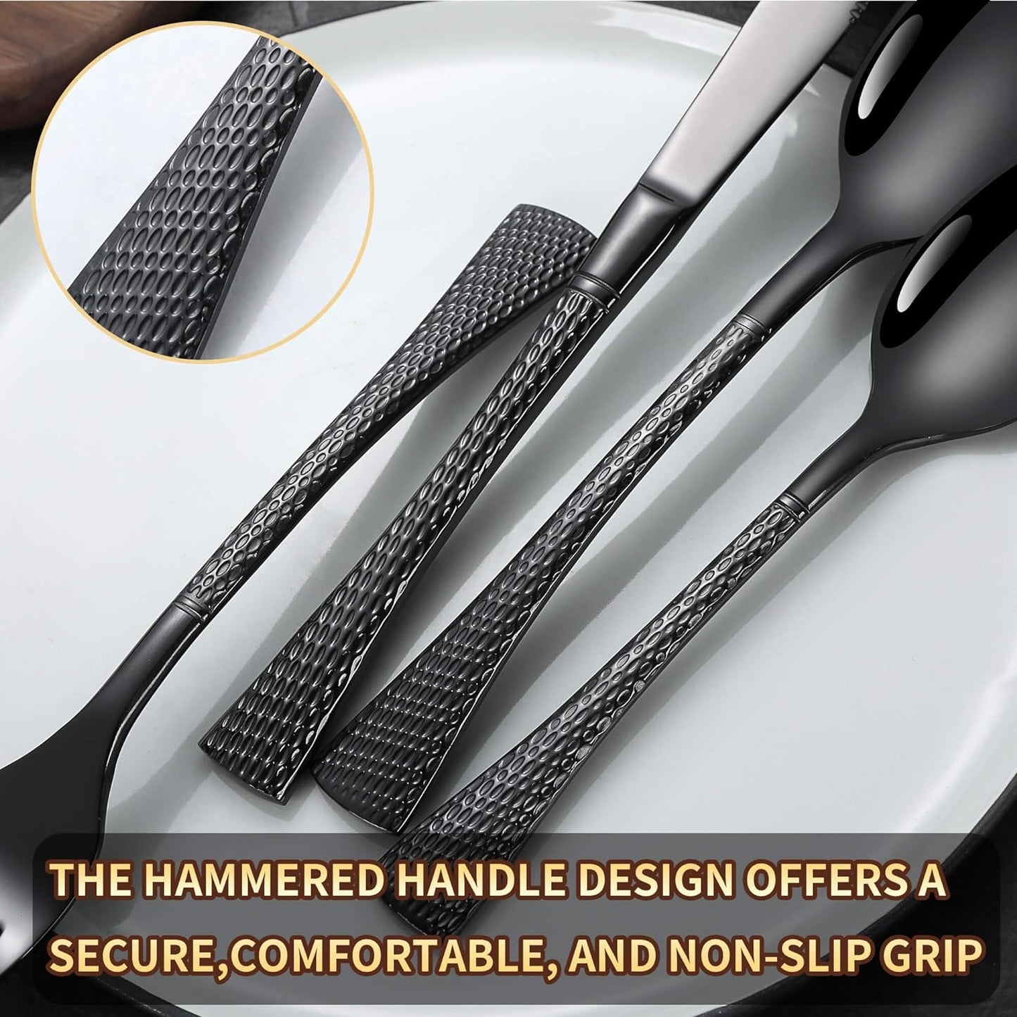 Hammered Black Silverware Set for 8,Stainless Steel 40-Piece Modern Cutlery Set,Mirror Polished Heavy Duty Flatware Set Utensil Set,Knives Spoons and Forks Set,Dishwasher Safe