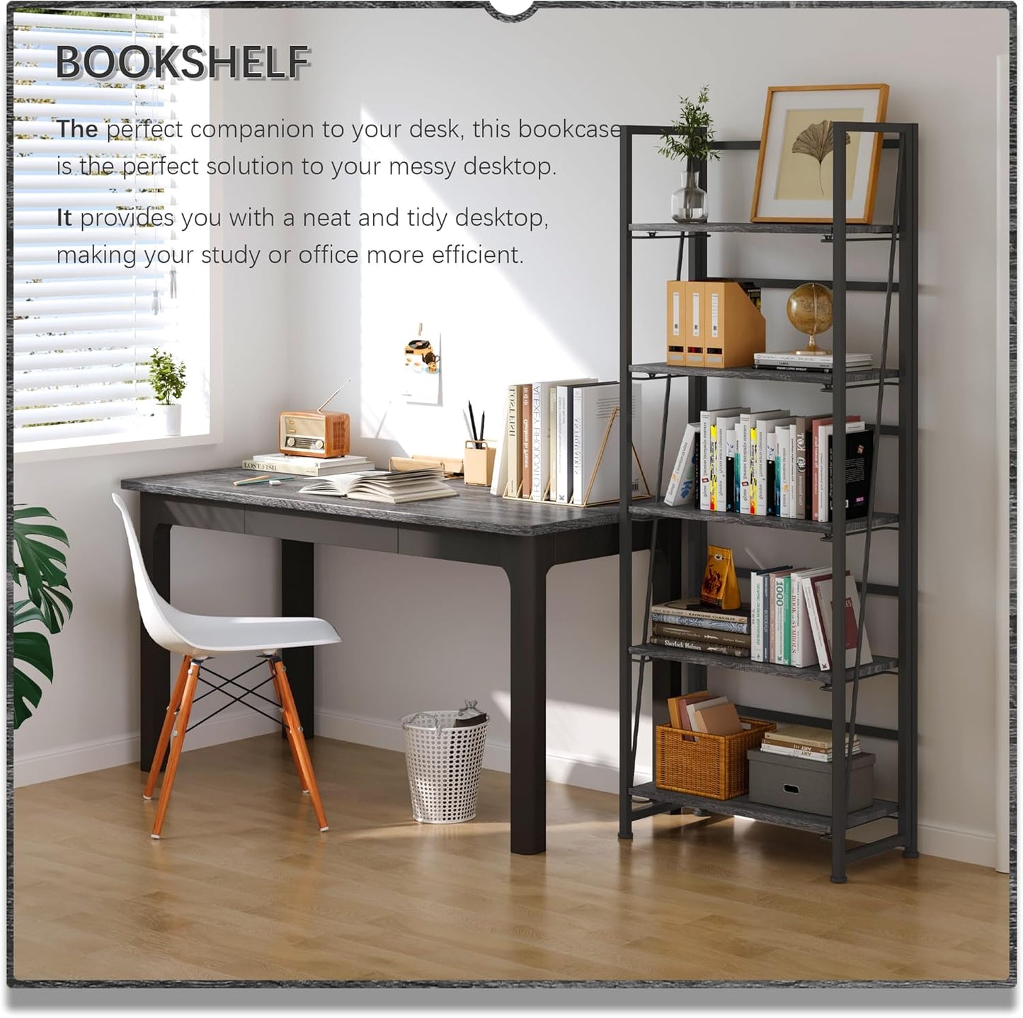 4NM No Assembly Foldable Bookshelf, 5-Shelf Collapsible Bookcase Storage for Small Spaces, 62.2" H, Gray and Black
