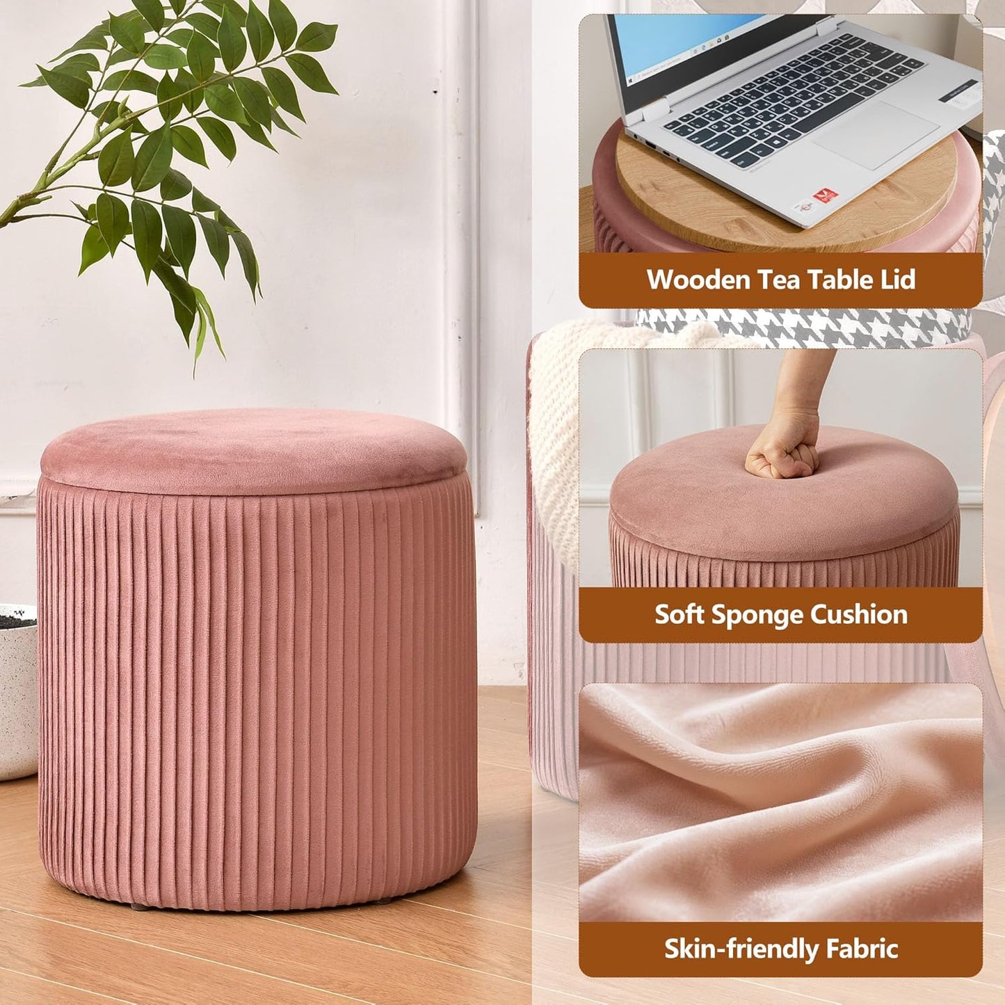 Ottoman with Storage Set of 2, Velvet Storage Ottoman, Upholstered Sponge Vanity Stool Support 300lbs, Multifunctional Coffee Table Foot Rest Ottomans for Living Room Bedroom, Pink