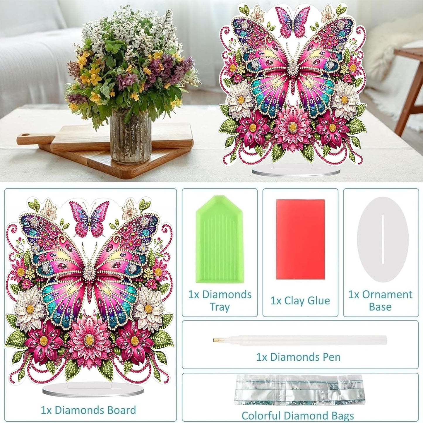 Diamond Painting Kits for Adults Beginners, 5D Full Drill Flowers and Butterfly Crystal Art Desktop Ornament, DIY Single Sided Home Office Desk Decor, Creative Craft Gift Set with Tools