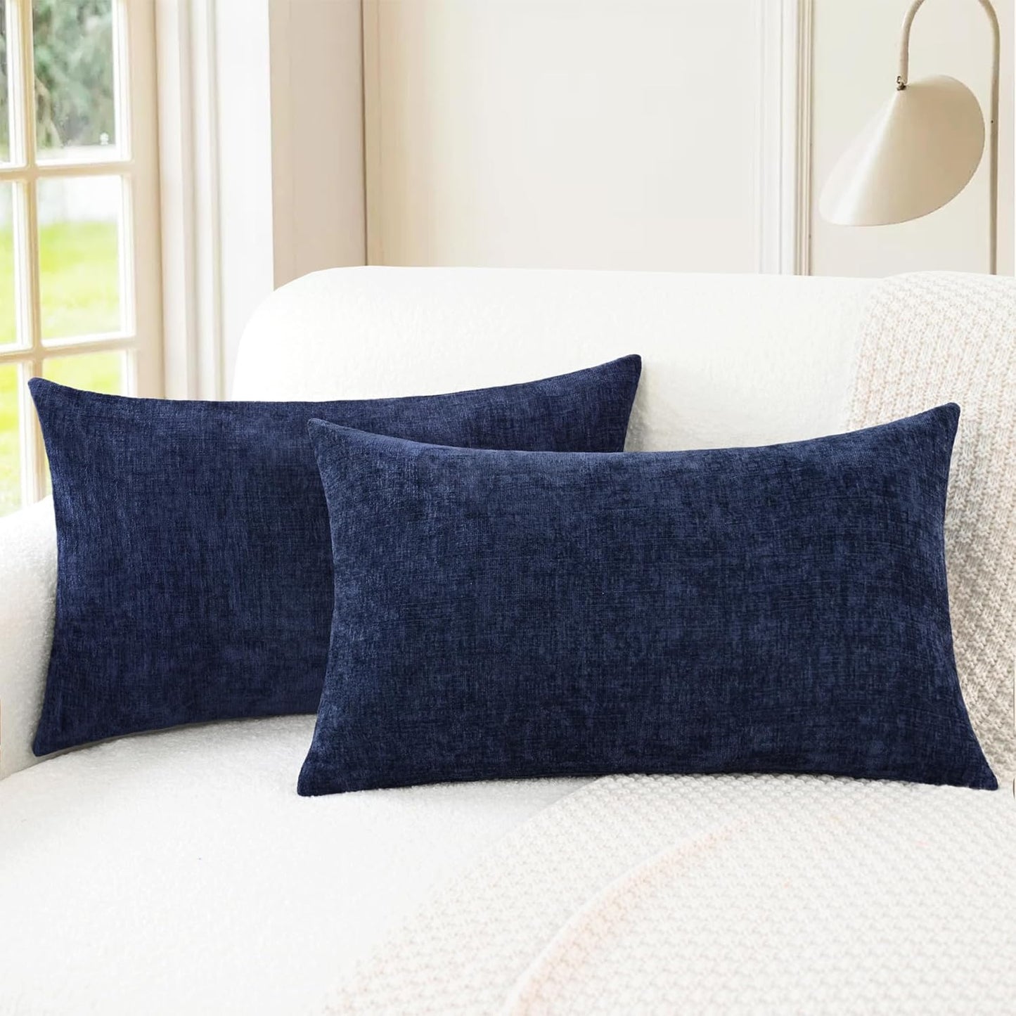 CaliTime Throw Pillow Covers Decorative 12 X 20 Inches Pack of 2 Cozy Chenille Cushion Cases for Couch Sofa Bed Living Room Home Navy Blue