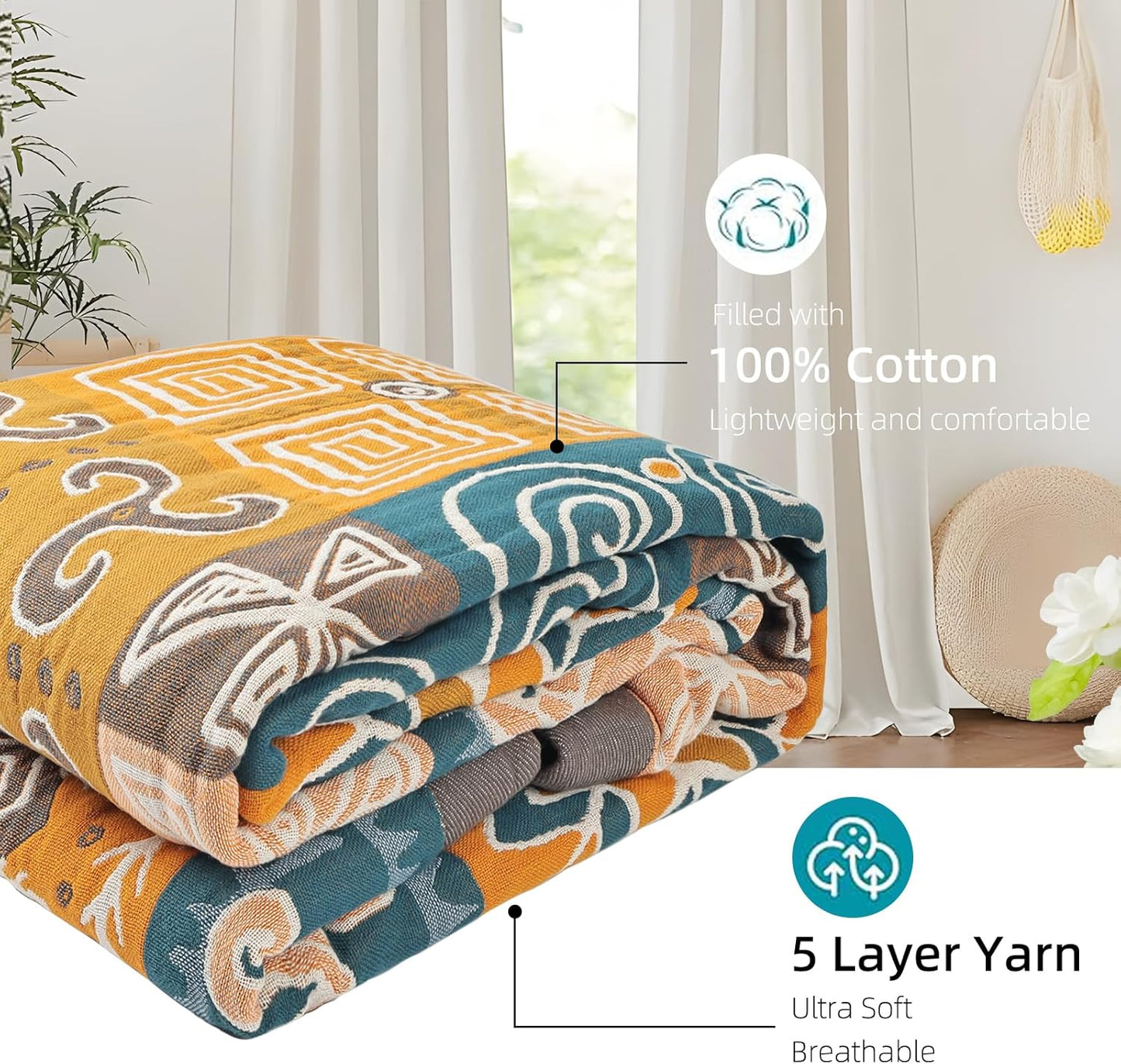 Boho Throw Blanket for Bed - 100% Pure Cotton Ultra Soft Rustic Quilt - Farmhouse Decor Bed Blankets, All Season Rustic Throw for Sofa Couch Chair(91''x 98'', Art Squares)