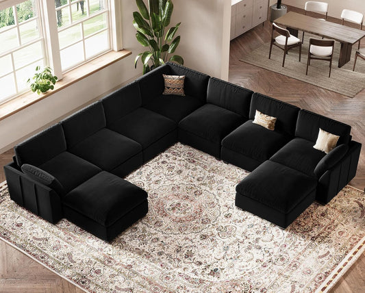 Belffin Oversized Sectional Couch with Movable Ottoman,Modern 137.8" 9-Seater Modular Sectional Sofa,Convertible Velvet U Shaped Sectional Couches for Living Room,Black