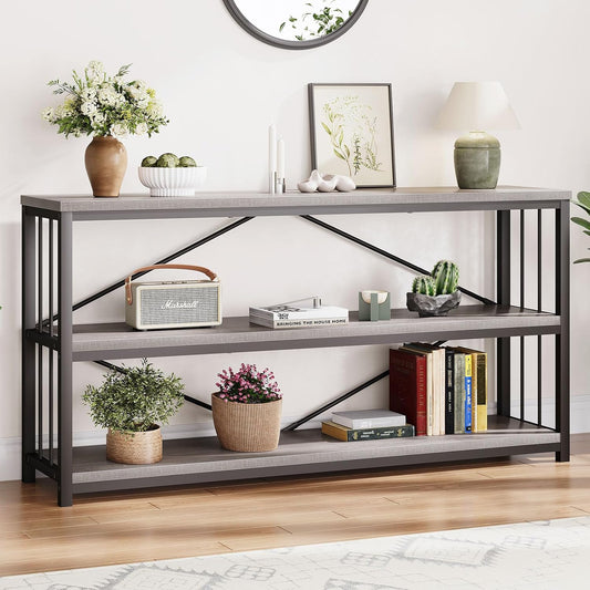 LVB Long Console Table with Storage, Farmhouse Rustic Skinny Entryway Table, Modern Wood Metal Hallway Sofa Table with Shelf, Industrial Narrow Couch Entry Table for Foyer Living Room, Light Grey, 63