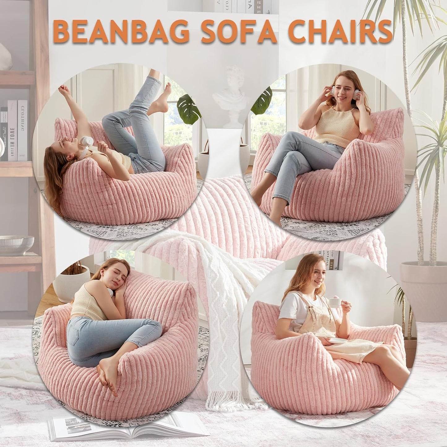 Giant Bean Bag Chairs for Adults with Filling Plush Fluffy Bean Bag Chairs for Teens with Armrests Comfy BeanBag Lazy Couch Sofa Chair for Bedroom Living Room Reading