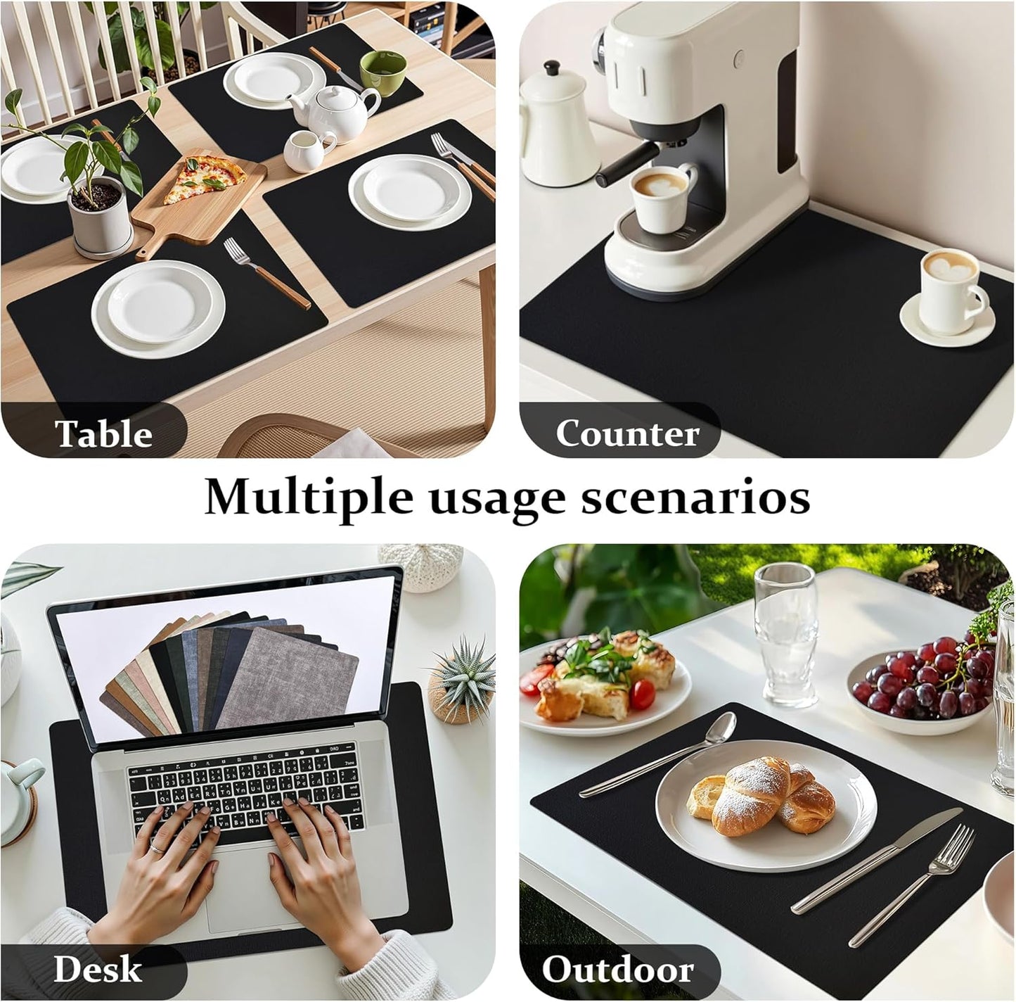 FROMHEART Faux Leather Placemats Set of 8–Waterproof,Heat/Oil Stain-Resistant PU Table Mat–Reversible,Non-Slip,Easy to Clean Place Mats for Kitchen,Dining,Indoor/Outdoor,(Black,11.8" x 17")