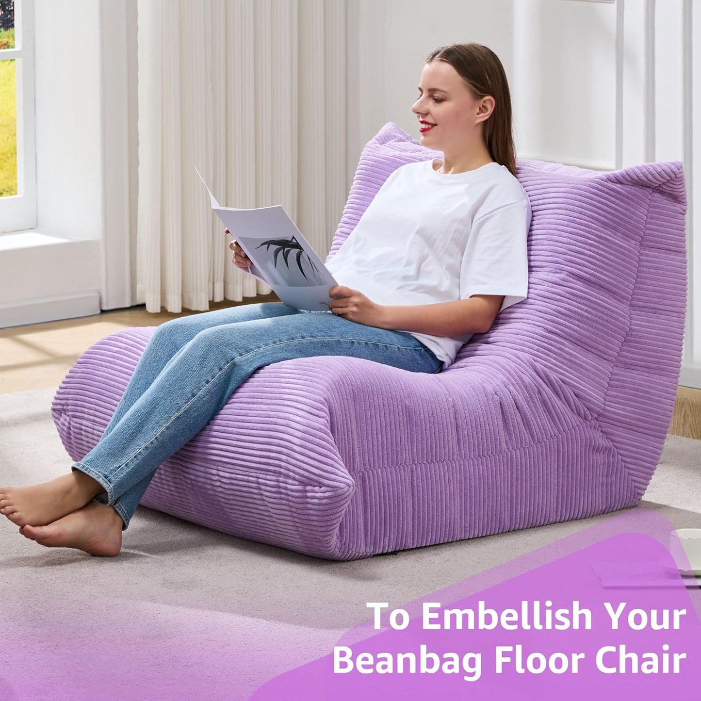 Bean Bag Chairs for Adults Giant Bean Bag Chair Memory Foam BeanBag Chair Big Bean Bag Sofa with Filler Faux Fur Fireside Beanbags Lazy Sofa for Living Room Bedroom Dorm Office (Purple Corduroy)