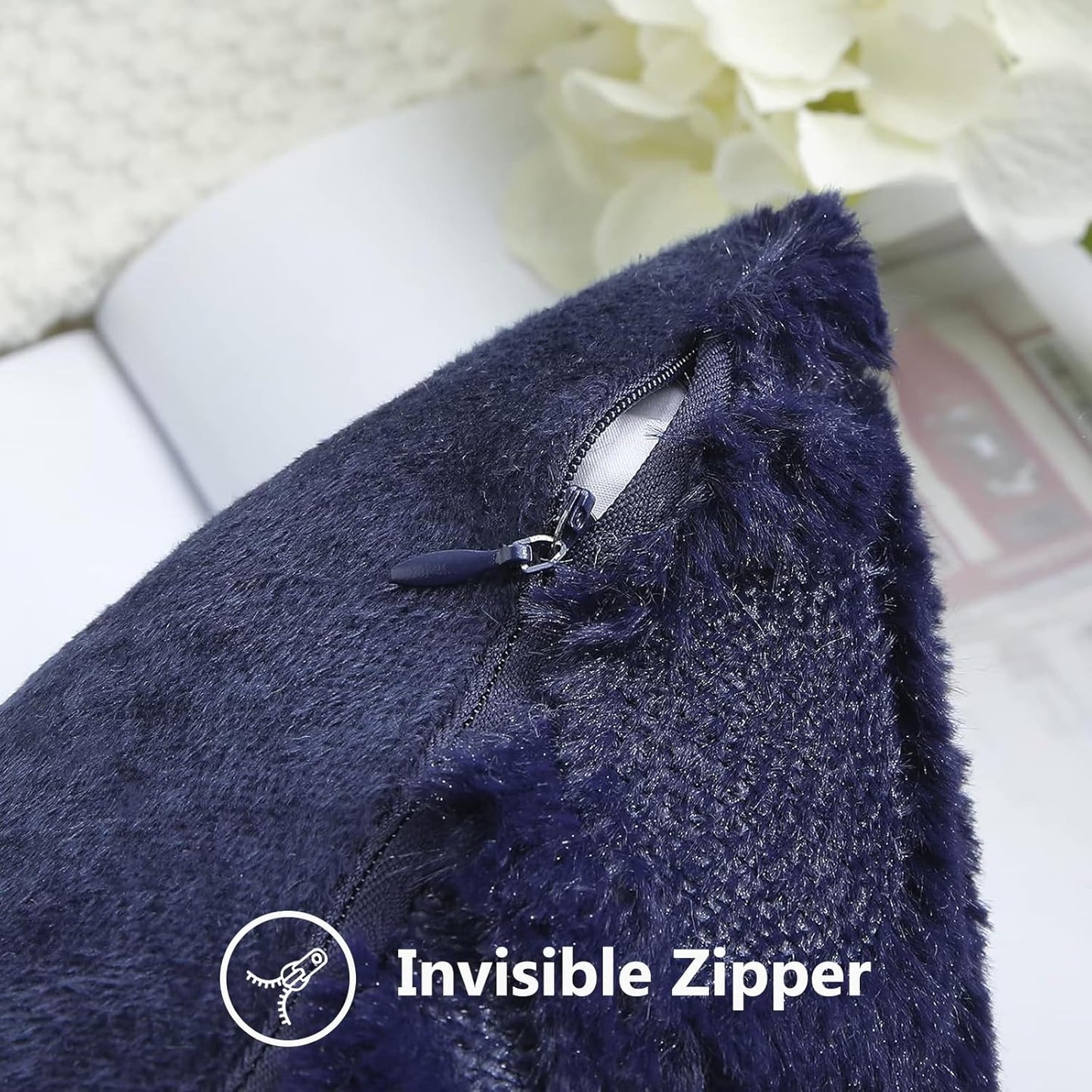 decorUhome Fall Throw Pillow Covers 18x18 Inch Set of 2, Soft Plush Decorative Faux Fur Navy Blue Solid Couch Pillow Covers, Accent Farmhouse Neutral Square Euro Pillow Cases for Sofa Bed Living Room