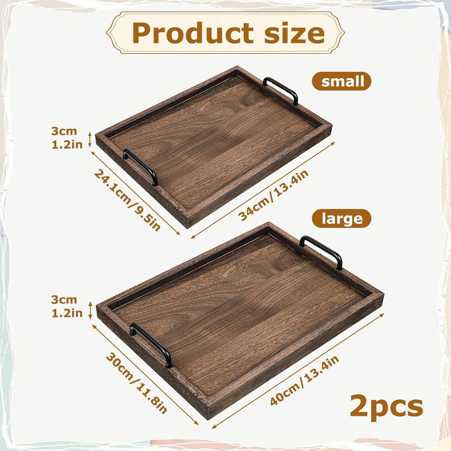 2 Pcs Rustic Wooden Serving Trays with Handle Decorative Nested Vintage Wood Serving Tray Stylish Farmhouse Decor Servings Platters for Eating, Breakfast(Large 15.8x11.8x1.2 in, Small 13.4x9.4x1.2 in)