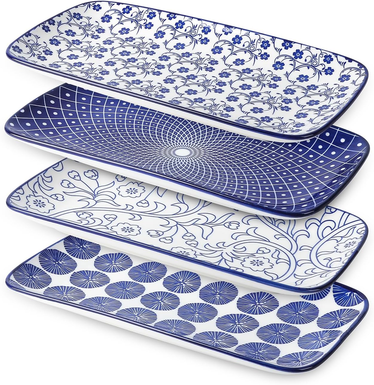 Selamica Ceramic Rectangular Salad Plates Set, Dinner Plate 9.4 Inch Dessert Plates for Party Entertaining, Small Serving Plates for Appetizers, Sushi, Fruit, Set of 4, Vintage Blue