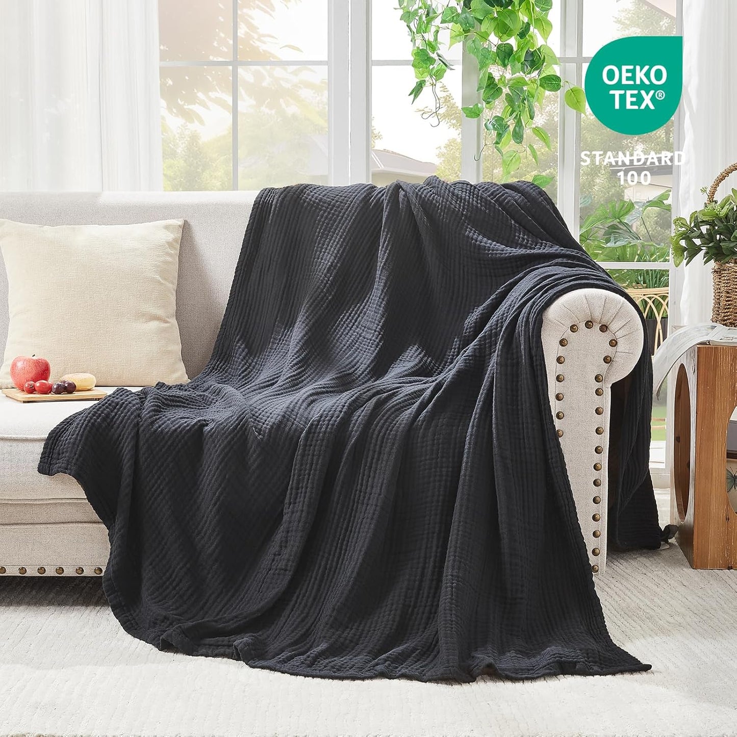 EMME Cotton Muslin Large Throw Blanket Couch Breathable Gauze Blanket Soft Lightweight Bed Blankets Adults (Black, 50"x70")