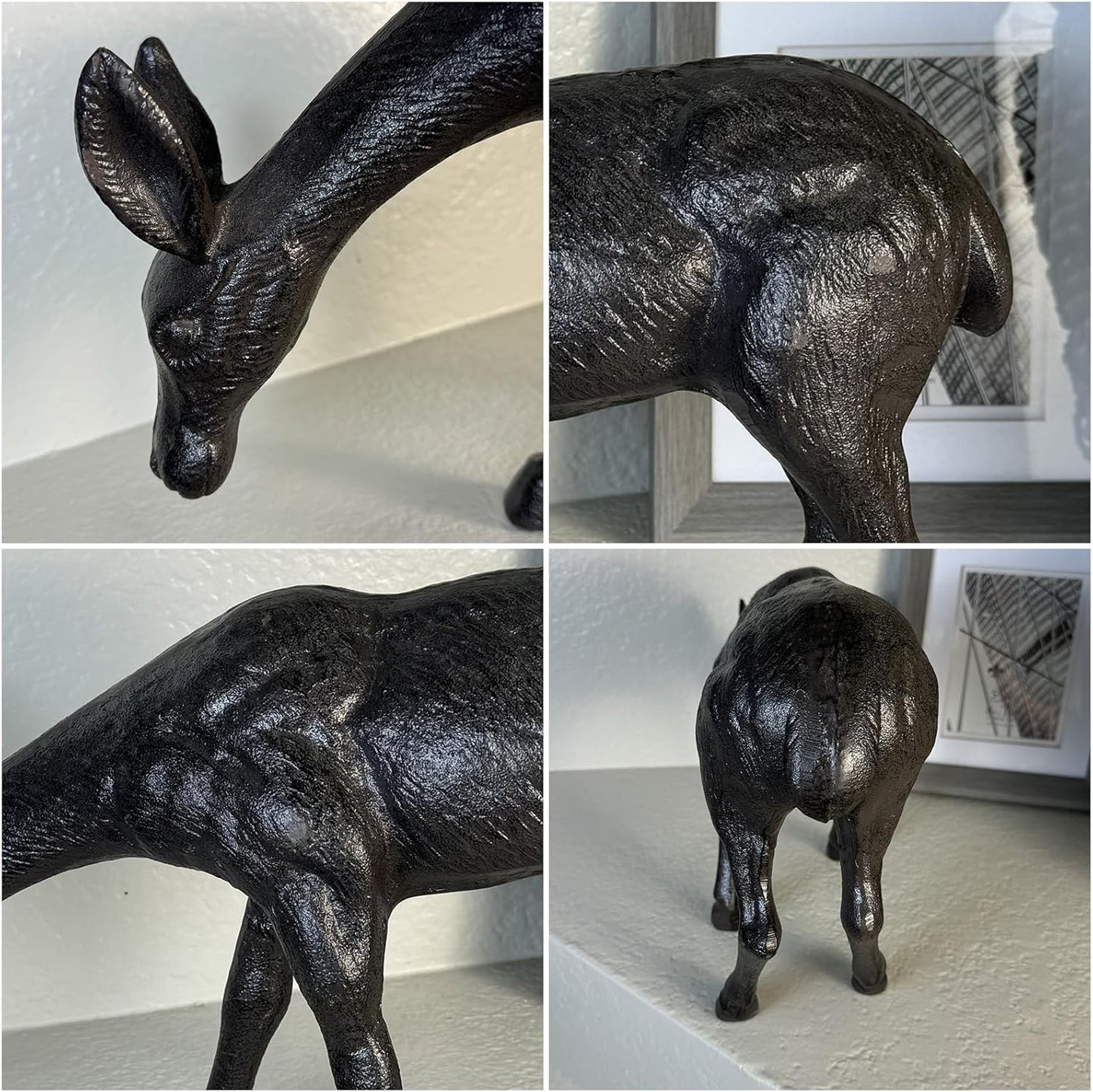 Cast Iron Deer Sculpture（11.4" Tall）, Realistic Lawn Garden Decor Statue, Lifelike Grazing Deer Figure, Outdoor/Indoor Decorative Art, Metal Animal Ornament HC3672