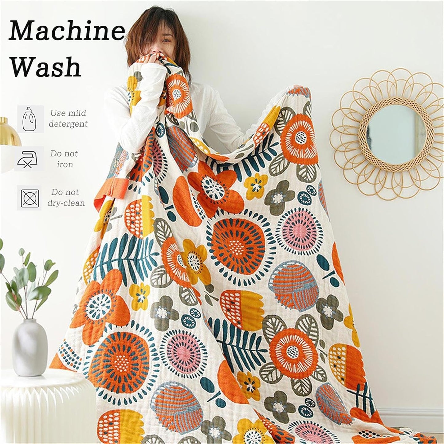 Cotton Throw Blanket for Couch Bed 100% Cotton Quilt 90''x 98'', Boho Floral Blanket Cozy Soft Muslin Farmhouse Bed Blanket Decorative Christmas Blankets Gifts for Women Mom