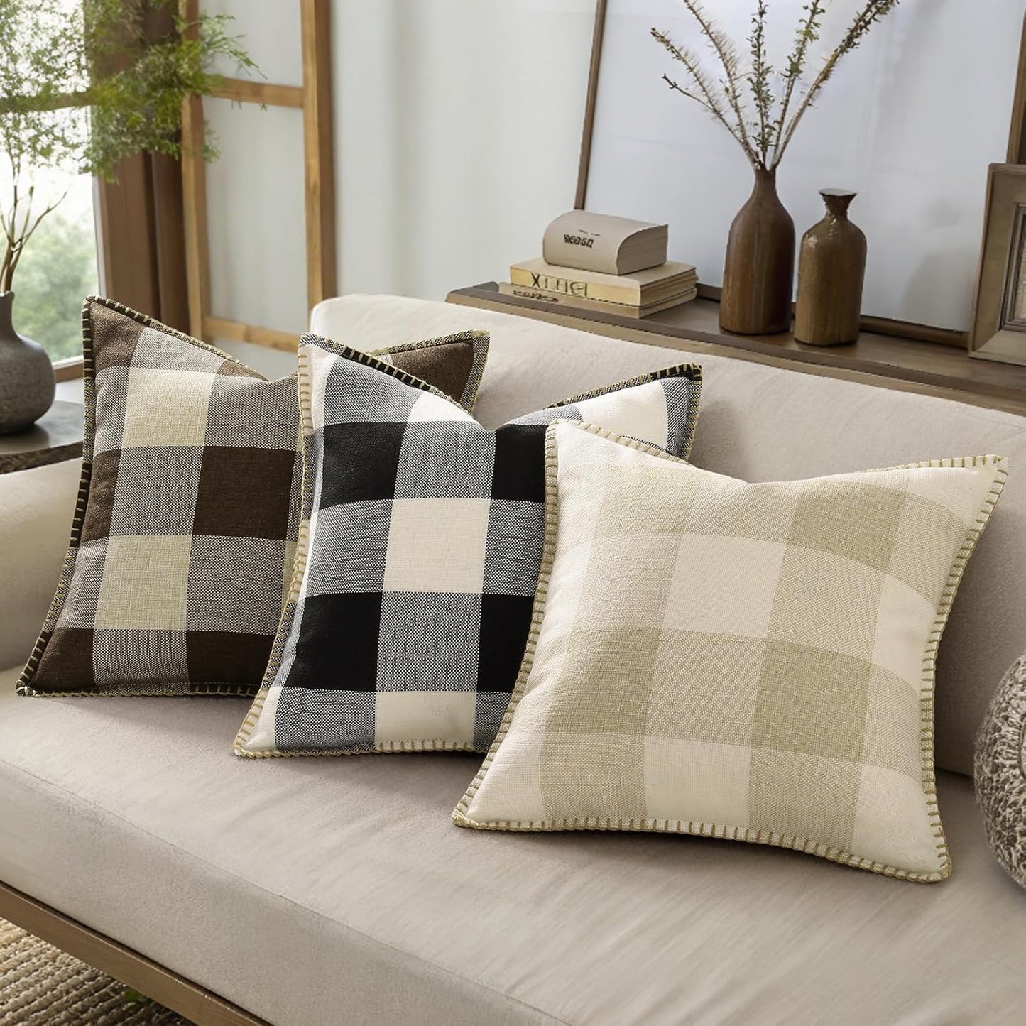 decorUhome Buffalo Plaid Check Throw Pillow Covers 12x20 Set of 2, Outdoor Lumbar Decorative Farmhouse Neutral Pillow Covers with Stitched Edge for Bed Couch Sofa, Brown and Beige