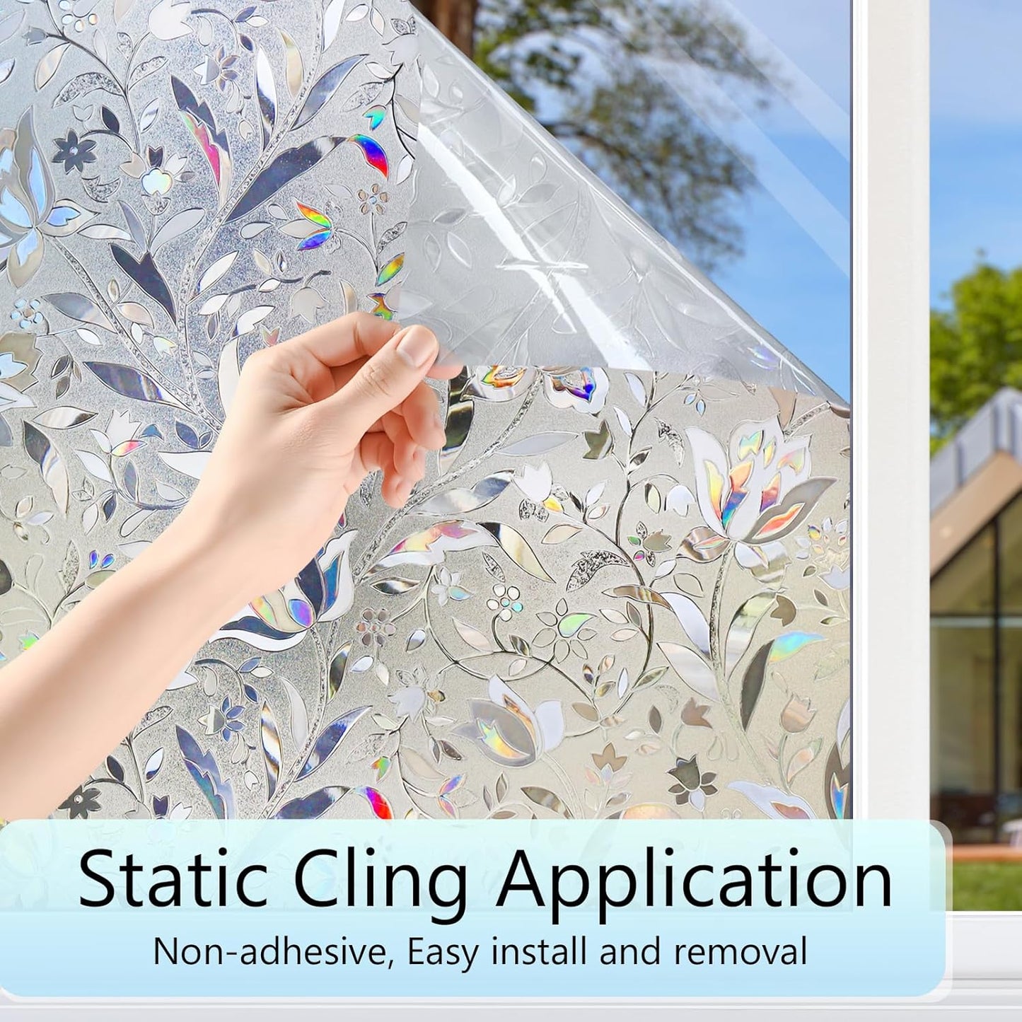 HIDBEA Window Privacy Film, 3D Stained Glass Static Cling - Sun Blocking Anti-UV Heat Control, Reusable Decorative Film for Home/Office Doors, Rainbow Tulip Design (17.5 in x 78.7 in)