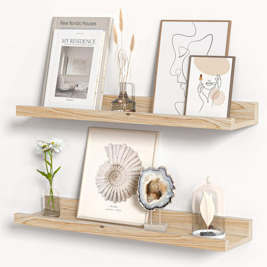 Floating Shelves for Wall, Picture Ledge Shelf 24 Inch Solid Wood Set of 2, Rustic Wall Shelves with Lip, Kids Bookshelf, Photo & Picture Live Edge Floating Shelves for Bedroom, Living Room, Kitchen