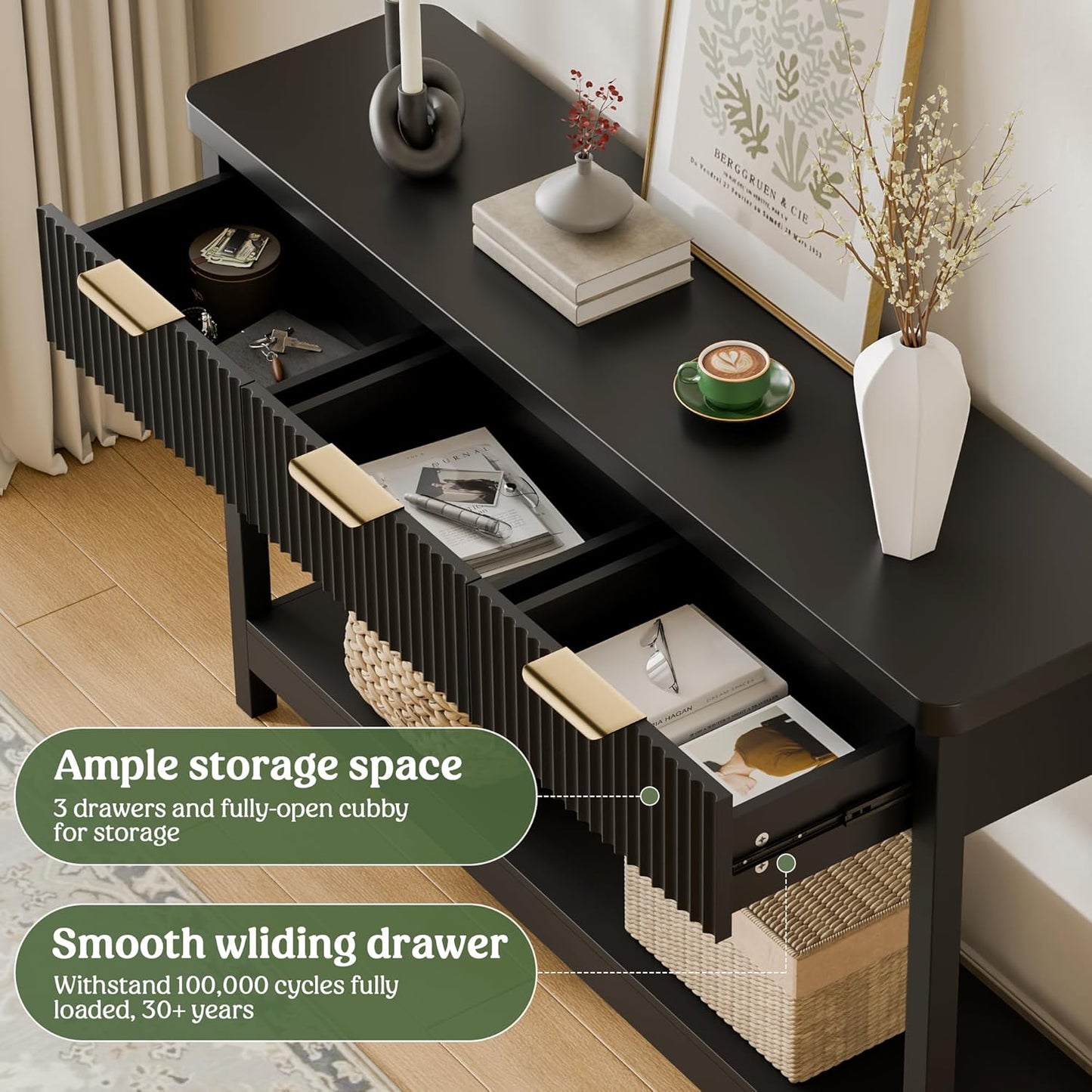 Lulive 51" Fluted Console Table for Entryway, Entryway Table with 3 Wooden Drawers, Farmhouse Behind Sofa Table for Living Room, Hallway, Couch, Foyer