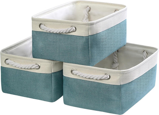 TheWarmHome Fabric Storage Bins Baskets for Organizing,Sturdy Storage Basket W/Handles, Decorative Foldable Storage Baskets for Shelves Closet Nursery Toy (White&Teal, Medium - 3 Pack)