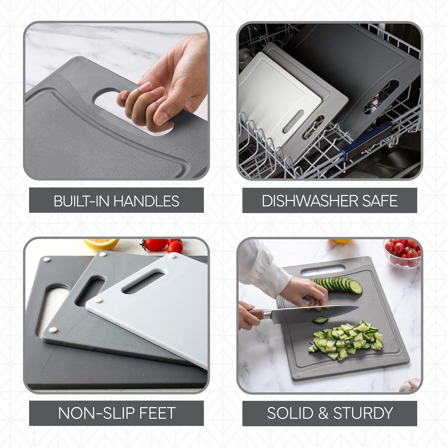 COOK WITH COLOR Non-Slip Cutting Board Set – Kitchen Essentials with Easy Grip Handle for Meat, Veggies, and Fruits, 3 Cutting Boards, Gray