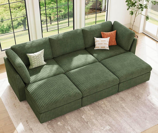 Belffin Modular Sectional Sofa with Sleeper Sofa, Oversized Cloud Couch with Extra Deep Seat, Upholstered 6 Seat Sectional Couches for Living Room, Plush Corduroy Green