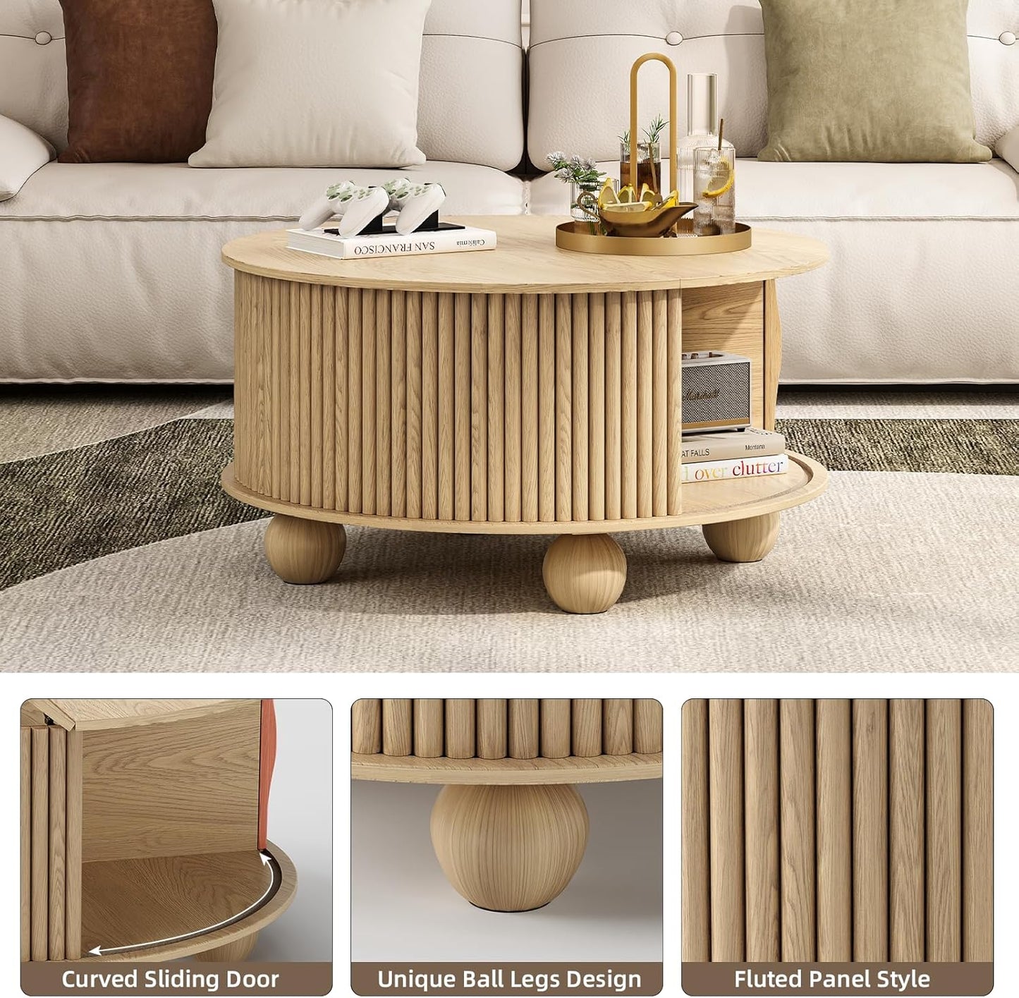 Round Coffee Table with Storage,Fluted Lift Up Coffee Table with Sliding Door,31.5" Drum Center Table with Bun Feet for Living Room,Home Small Space,Oak