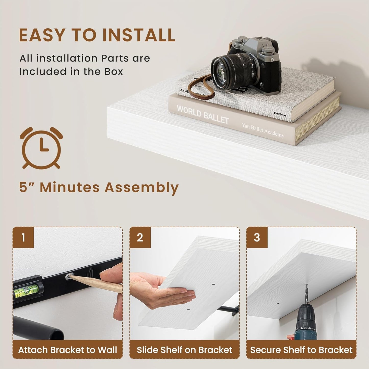 fuqing Floating Shelves for Wall, Bathroom Shelf Wall Mounted for Storage, Shelves with Invisible Bracket for Bedroom, Kitchen, Living Room, Farmhouse Small Book Shelf, 32 Inch Set of 2, White