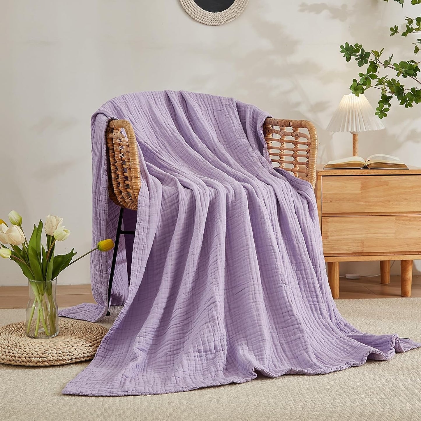EMME Cotton Throw Blanket for Couch Soft Muslin Blankets 50"x60" Lightweight Breathable Blanket All Season Gauze Blanket, Lavender