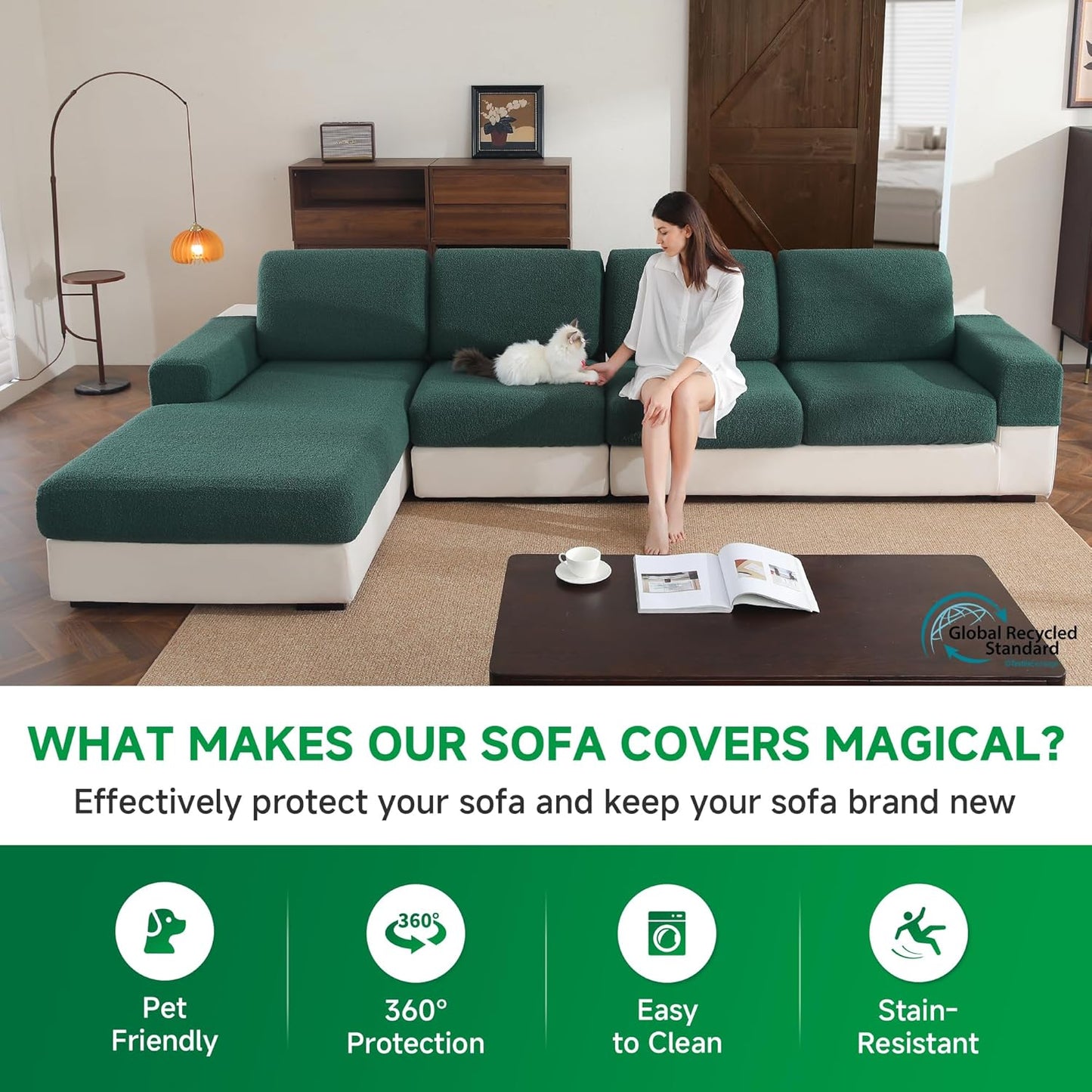 Couch Cushion Covers for Sectional Sofa, Stretch Soft Sofa Slipcovers Washable Wear-Resistant Universal Furniture Protector for Living Room(1 Piece Oversized Cover, Green)