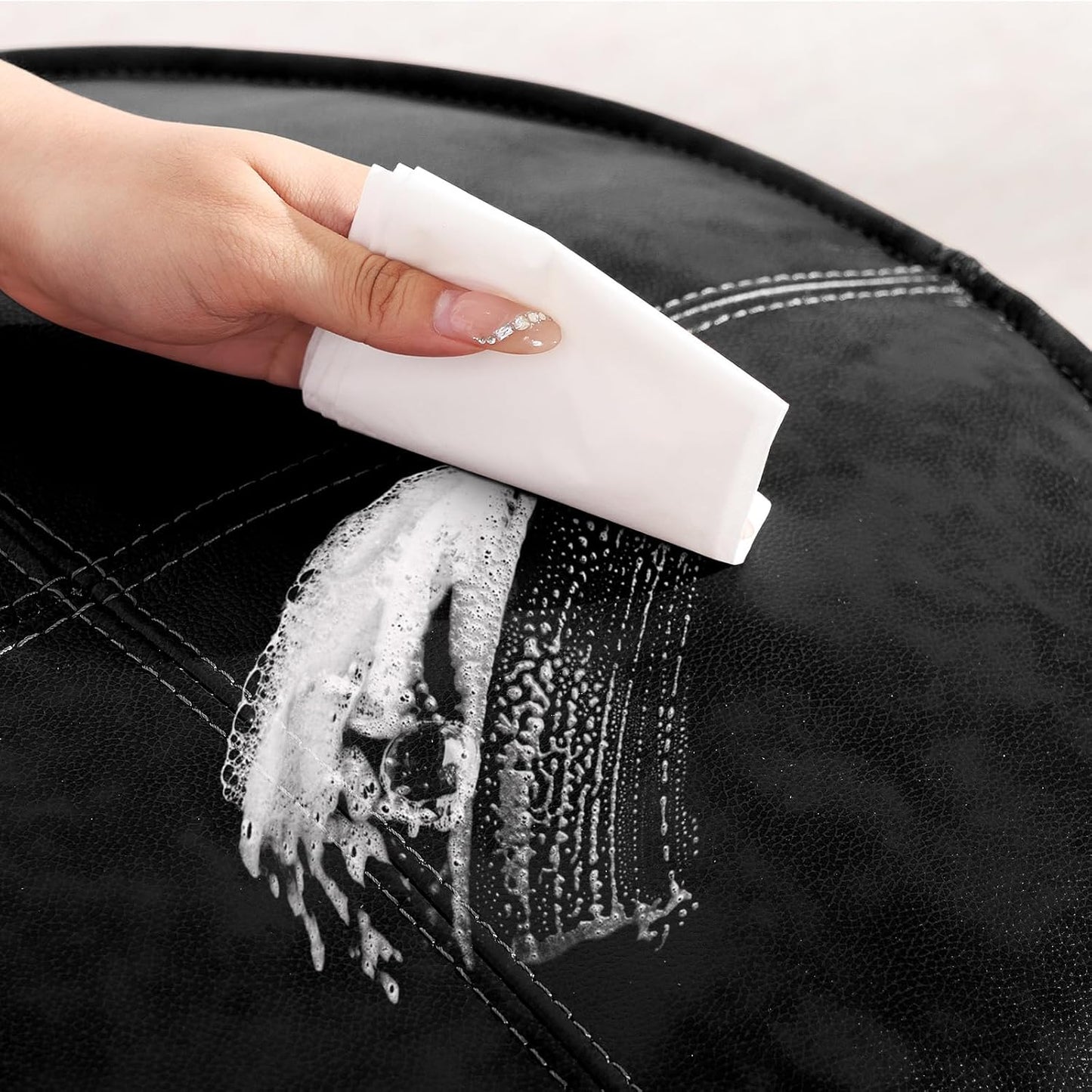 Round Leather Ottoman,Handmade Stuffed Ottoman,Genuine Leather Pouf, Foot Rest Pouf,Comfortable Soft Seating for Living Room & Bedroom (Black, Round)