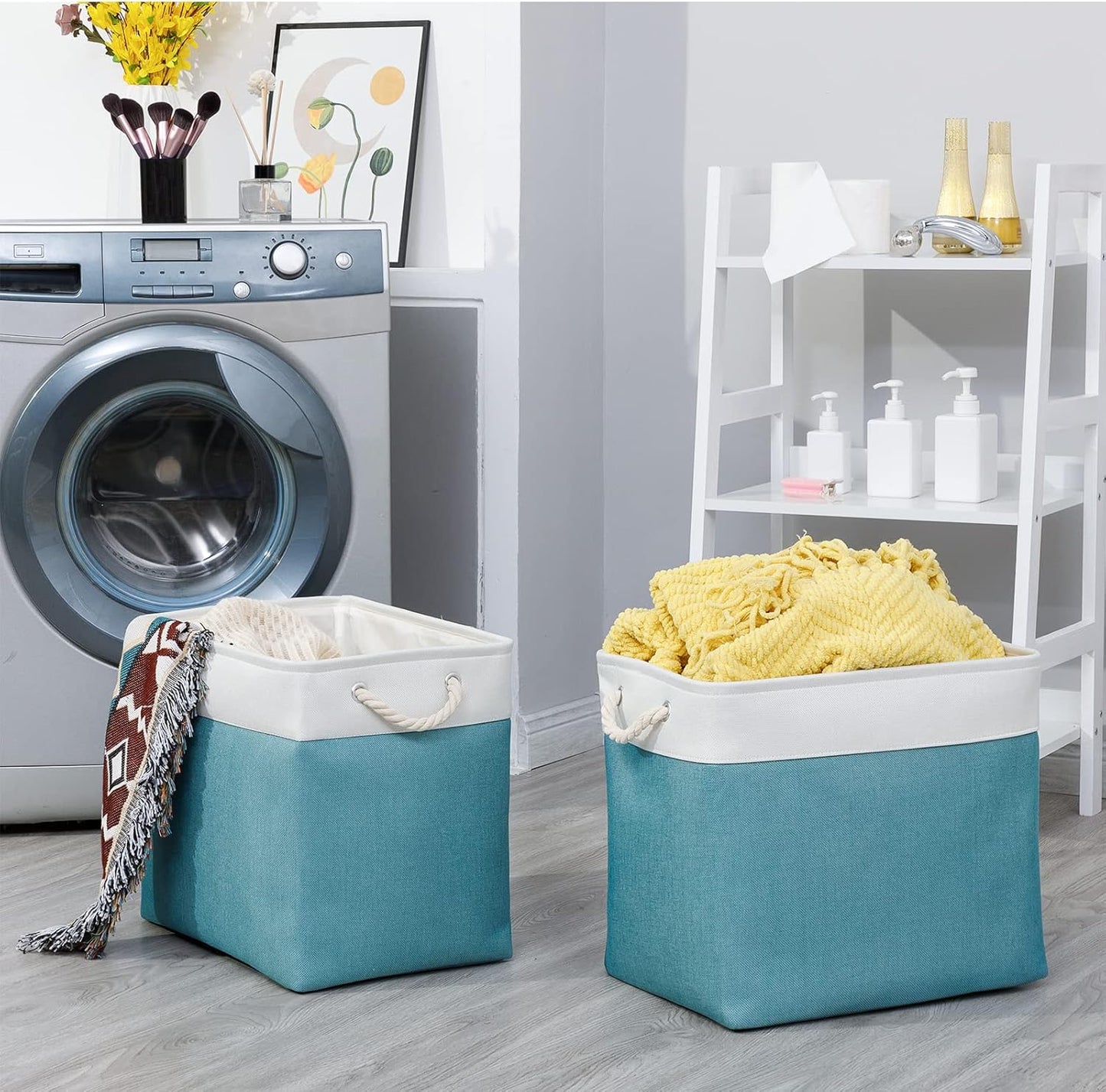 Bidtakay Storage Baskets Extra Large 17x12x15 In Teal Blue Nursery Toy Baskets Fabric Long Shelf Baskets for Organizing Set of 2 Linen Closet Bins for Shelves Decorative Blanket Basket Living Room