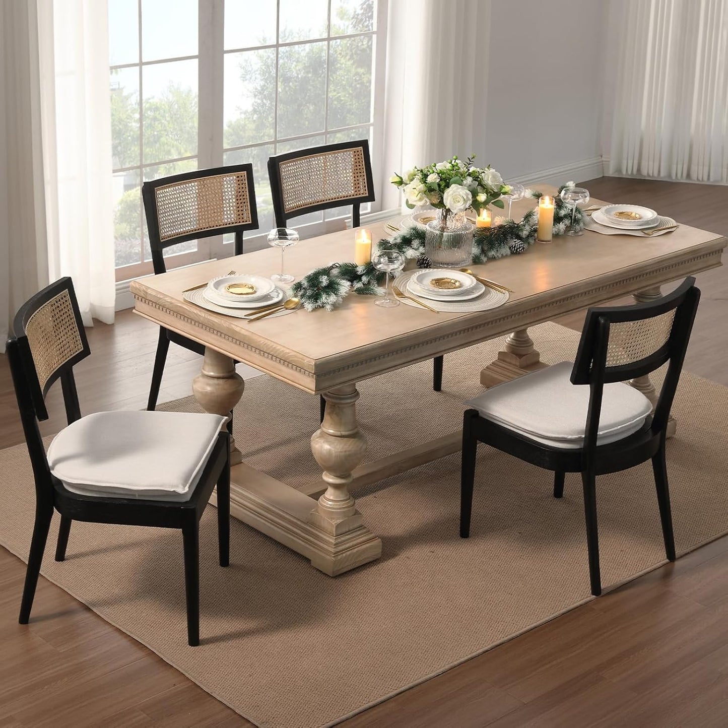 Rattan Dining Chairs Set Of 6 , Mid Century Modern Black Wooden Cane Back Chairs with Removable Linen Cushion , Retro Farmhouse Upholstered Kitchen & Dining Room Chairs for Restaurant Living Room