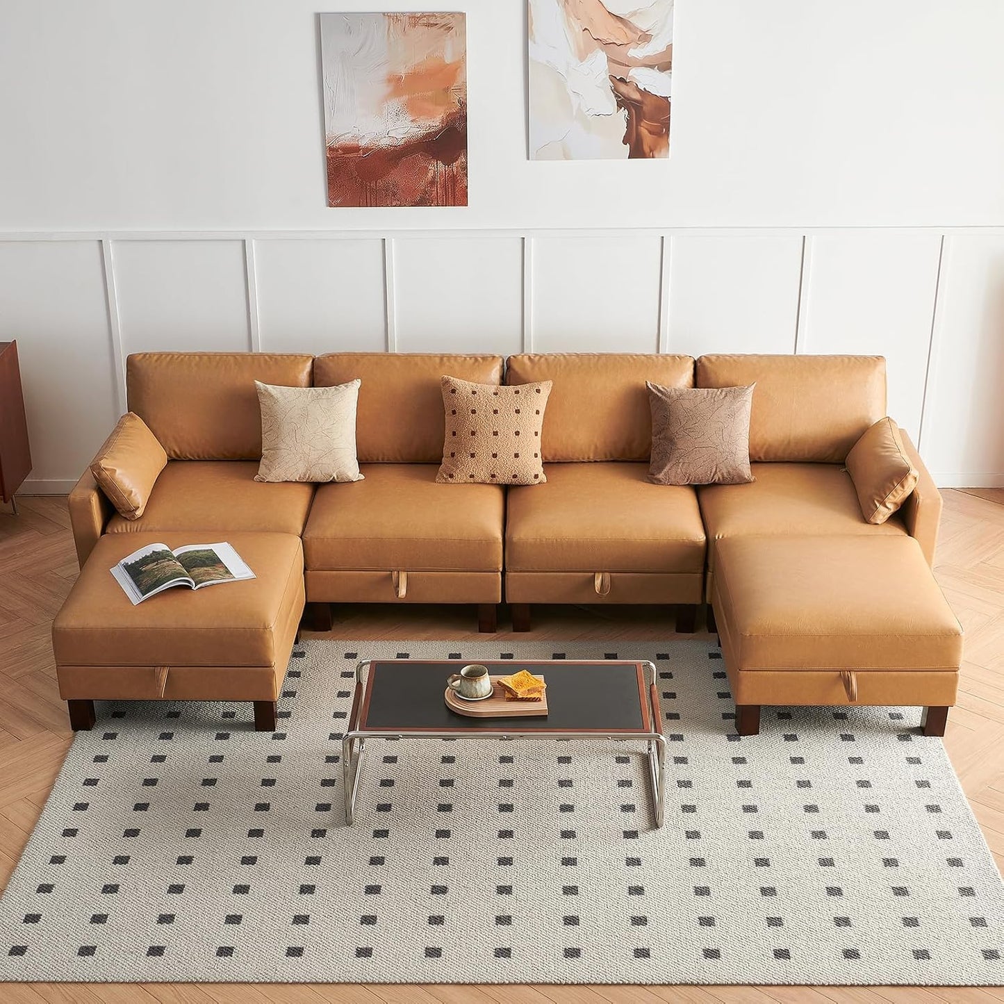 U-Shape Modular Sofa Couch 128" Modern 4-Seat Sofa with Chaises, Upholstered Sectional Couch with Wood Square Legs for House, Living Room, Reception Room, Apartment, Tan